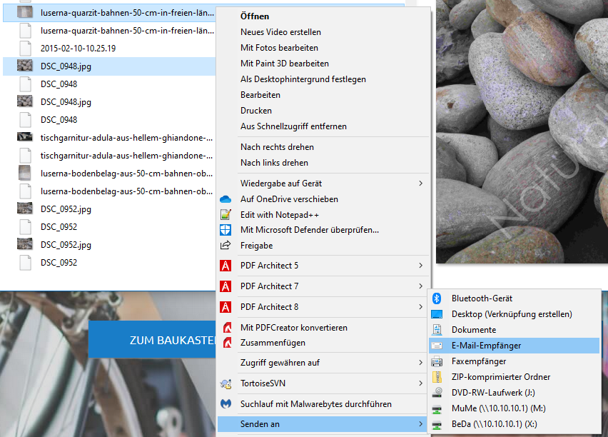 Senden an Befehl im Windows Explorer um JPG Bilder in komprimierter Firm per Mail zu versenden.